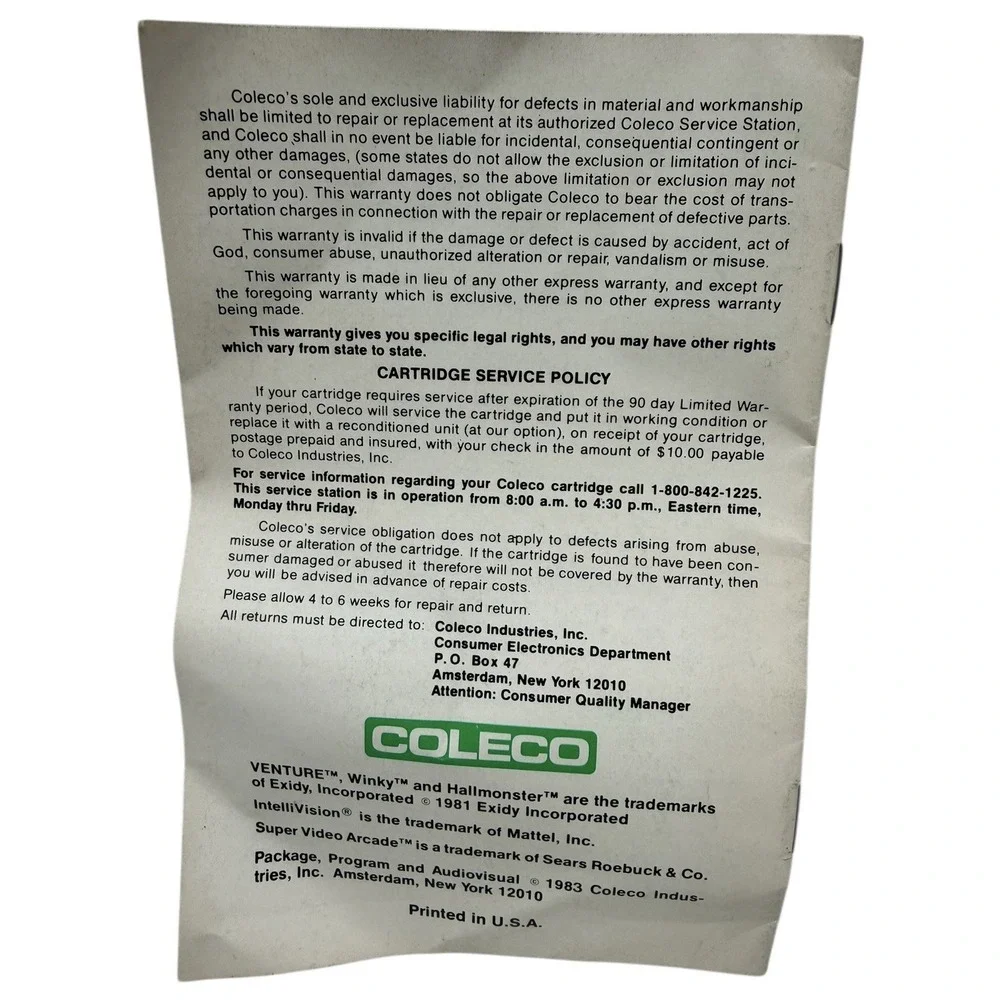 Venture Intellivision‎ Video Game Cartridge Instructions Manuel 1982 Coleco 80's